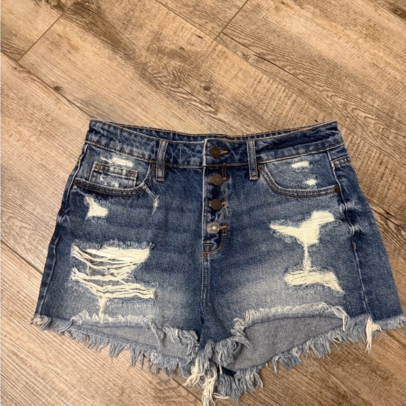 Frayed Hem Blue Denim Shorts - Picture 1 of 5